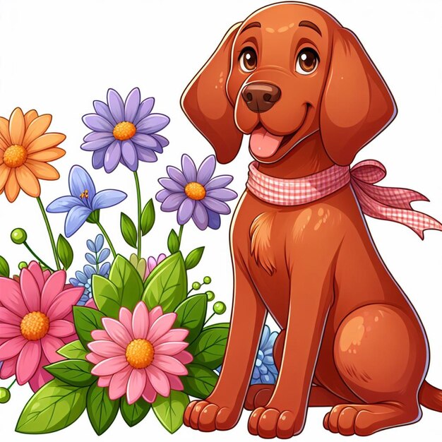 Leuke vizsla hond en bloemen vector cartoon illustratie