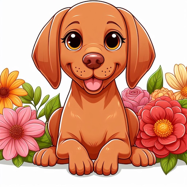 Leuke vizsla hond en bloemen vector cartoon illustratie