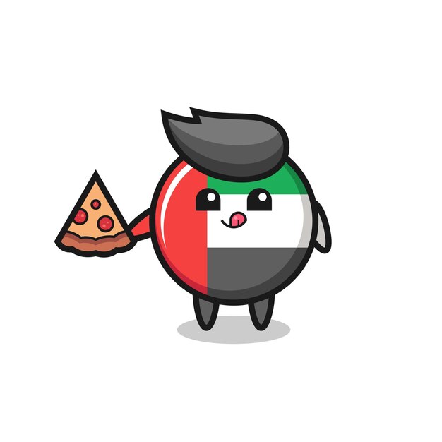 Leuke vlag badge cartoon van de VAE die pizza eet, schattig stijlontwerp voor t-shirt, sticker, logo-element