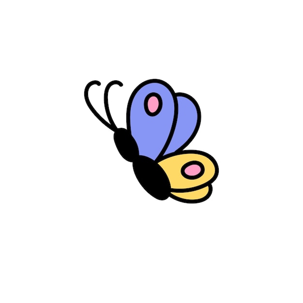 Leuke vlinder in retro stijl vliegt Funky vliegend insect met prachtige versierde vleugels Groovy sticker met psychedelische esthetiek van de jaren 70 80 Flat geïsoleerde vector illustratie op witte achtergrond