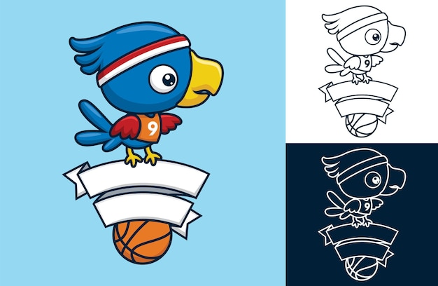 Leuke vogel de basketbalspeler zit op lintdecoratie. vectorbeeldverhaalillustratie in vlakke pictogramstijl