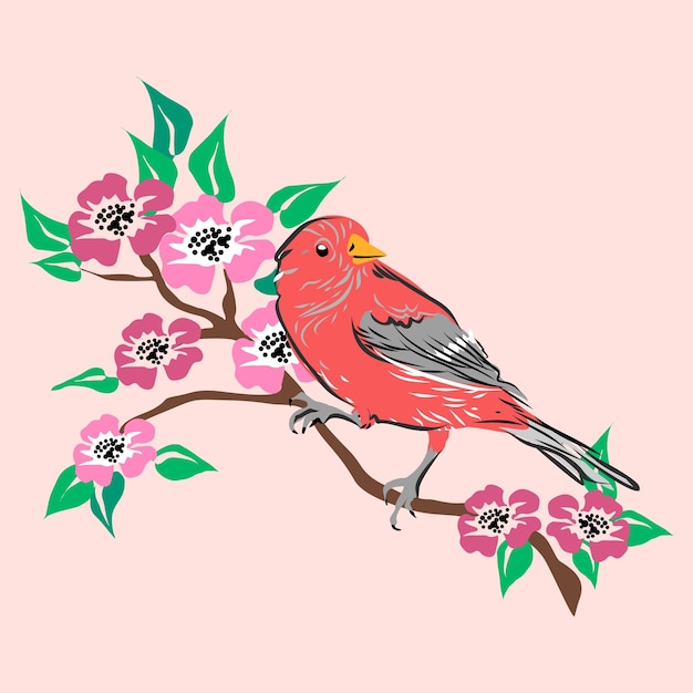 Leuke vogel met bloemenhand die vectorillustratie in bohostijl trekt