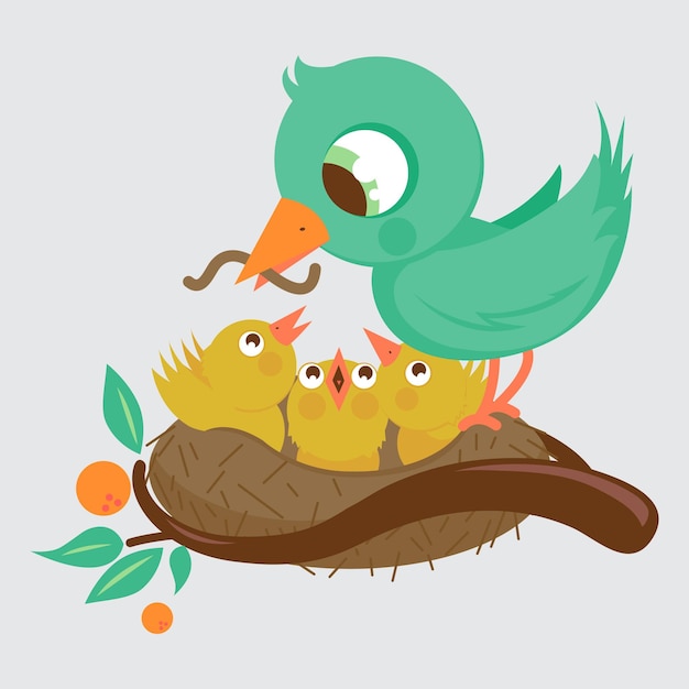 Vector leuke vogels in het nest moedervogel voedt de jongvogel in het nest vector illustratie