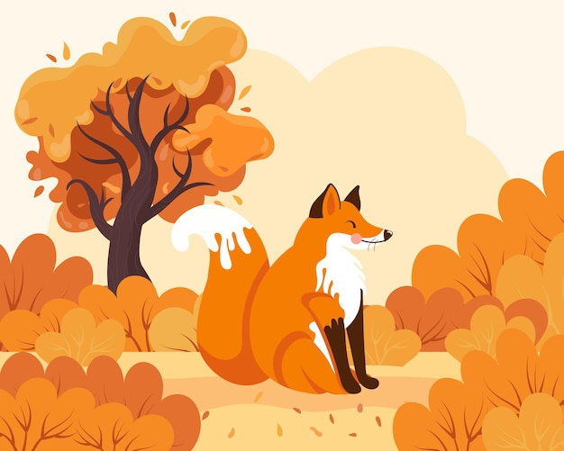 Leuke vos in het herfstbos, herfstlandschap. Illustratie, kinderprint, vector