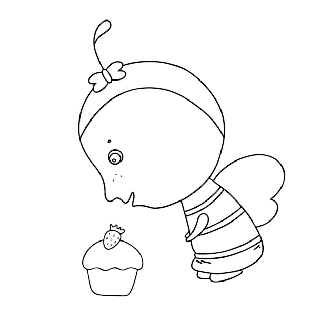 Leuke vriendelijke cartoon bij kijken naar de cupcake Insect karakter Vector schets illustratie