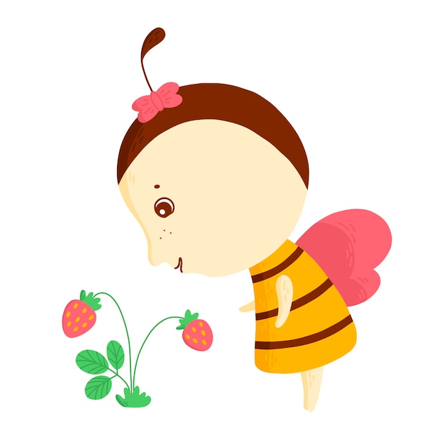 Leuke vriendelijke cartoonbij kijken naar het aardbei Insect karakter Vector kinderen illustratie