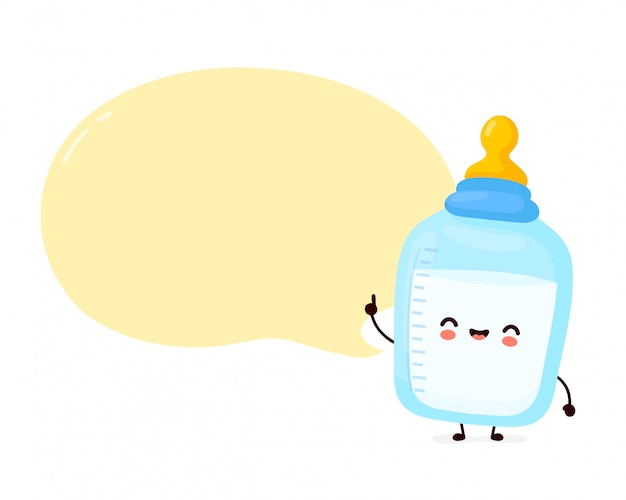 Leuke vrolijke babyfles met tepelfopspeen met tekstballon. cartoon karakter hand getrokken stijl illustratie. Kinderen voeding concept