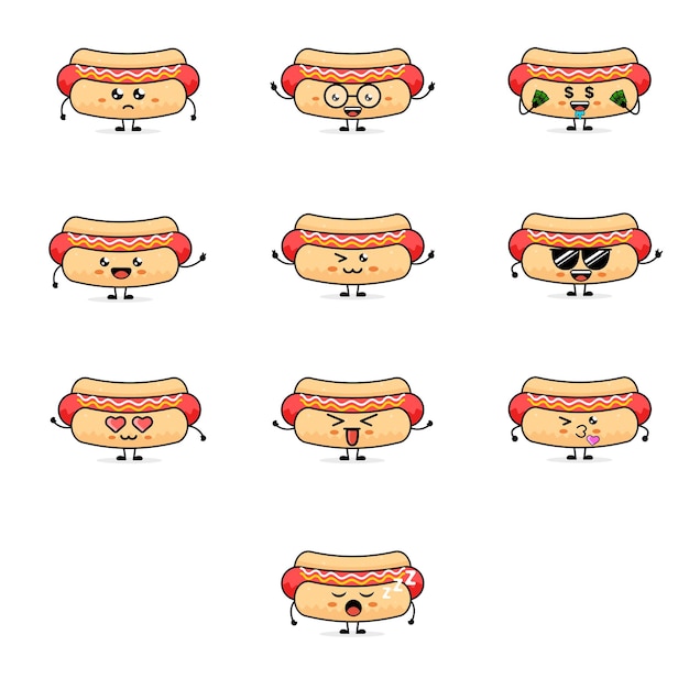 Leuke vrolijke emoticon hotdog set collectie geïsoleerd op witte achtergrond