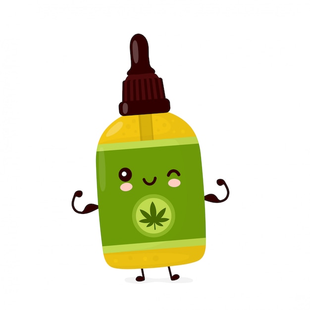 Leuke vrolijke grappige cannabis CBD olie fles show spier. cartoon karakter illustratie pictogram ontwerp. geïsoleerd