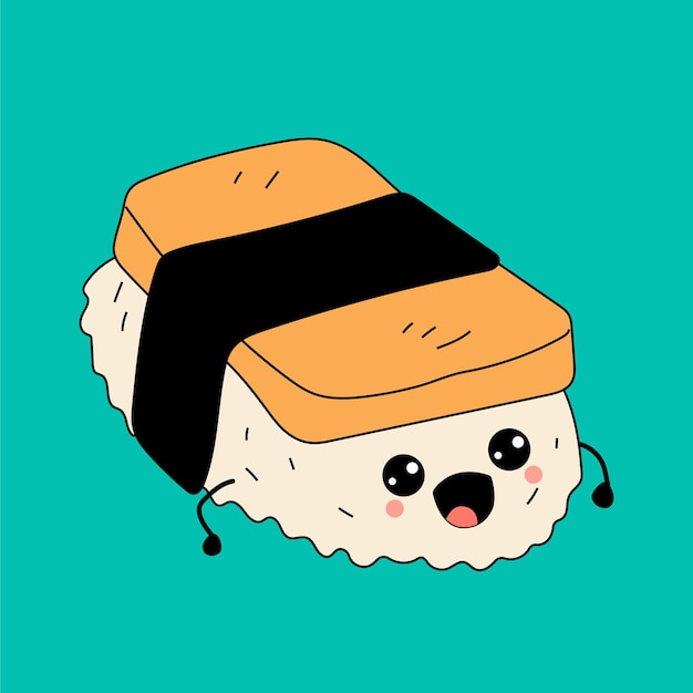 Leuke vrolijke grappige lachende sushi, rol met kawaii-ogen. Vector in cartoon-stijl.