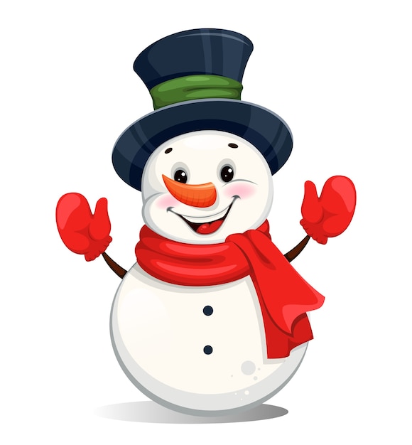 Vector leuke vrolijke kerstmissneeuwman. grappige sneeuwpop stripfiguur