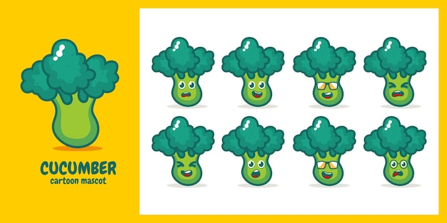 Leuke vrolijke lachende broccoli plantaardige set collectie. Vector platte cartoon karakter illustratie ico