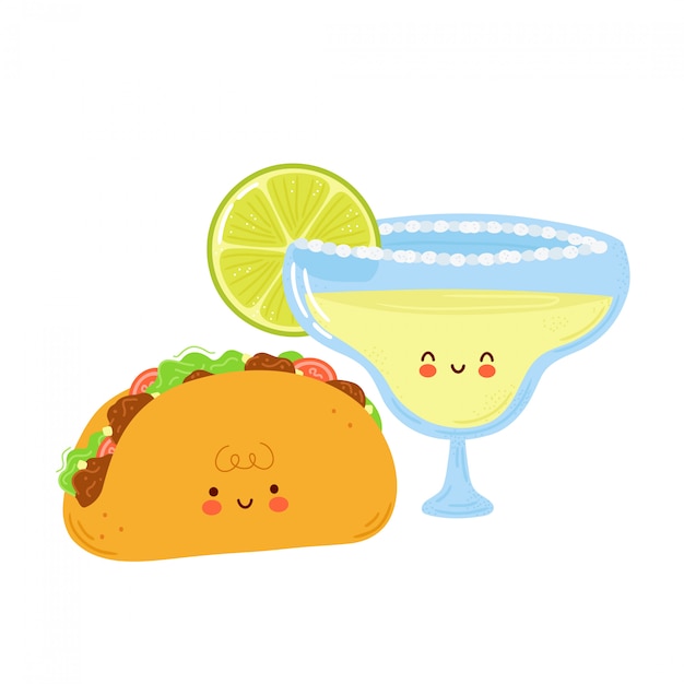 Leuke vrolijke margarita cocktailglas en taco. Geïsoleerd op een witte achtergrond. cartoon karakter hand getrokken stijl illustratie