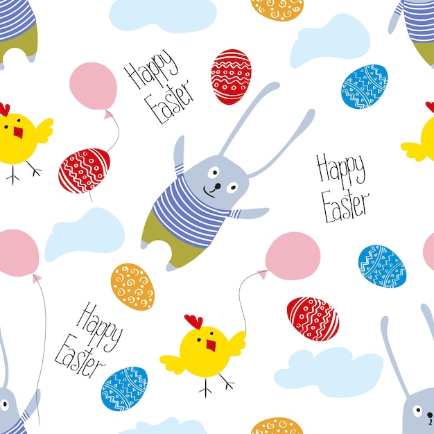 Leuke vrolijke paashaas vliegt op een ballon Kippen beschilderde eieren belettering Happy Easter Children's naadloze patroon Vector illustratie Wallpaper verpakking inpakpapier textilesx9