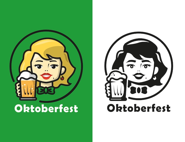 LEUKE VROUW HOUDT EEN MOK BIER IN TWEE VERSCHILLENDE KLEUREN CARTOON LOGO SET