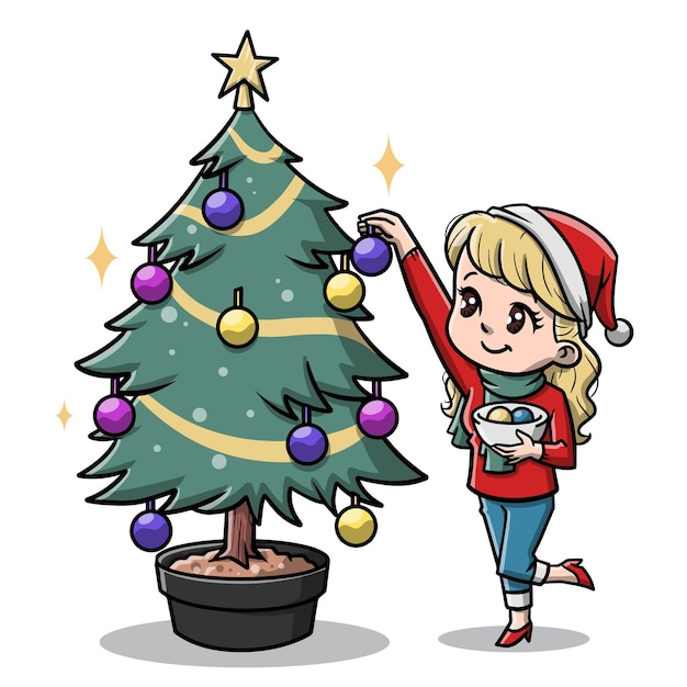 Leuke vrouw kerstboom cartoon versieren