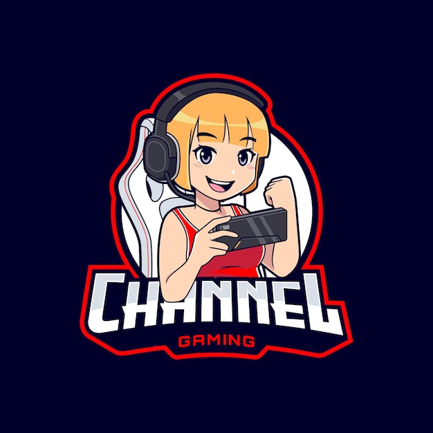 Leuke vrouwelijke gamer spelen op smartphone, streaming kanaal meisje logo mascotte