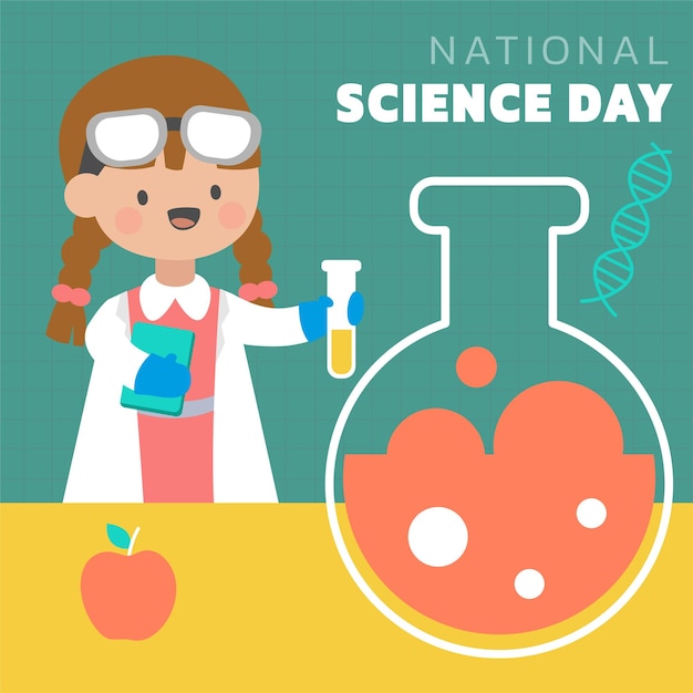 Leuke vrouwelijke wetenschappers in nationale wetenschapsdag met wetenschappelijke apparatuur in stripfiguur voor grafisch ontwerper vectorillustratie