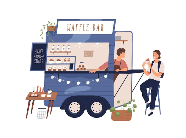 Leuke wafelbar foodtruck met zoete hapjes. Modern lokaal straatcafé met afhaalmaaltijden en gelukkige vrouw die een smakelijk dessert eet. Platte vector cartoon illustratie op witte achtergrond.