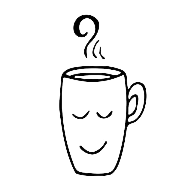 Leuke warme thee- of koffiekop met glimlach gezicht vector doodle hand getrokken lijn illustratie Doodle stijl