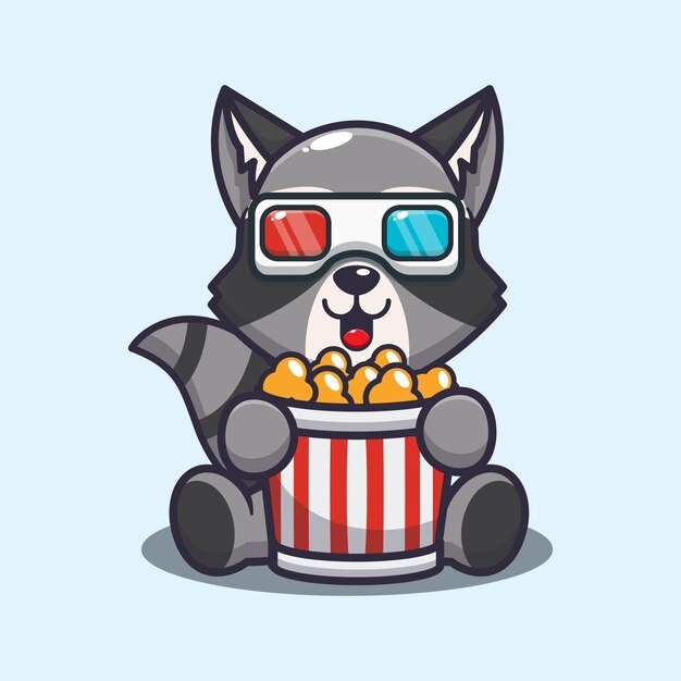 Leuke wasbeer die popcorn eet en 3D-film kijkt