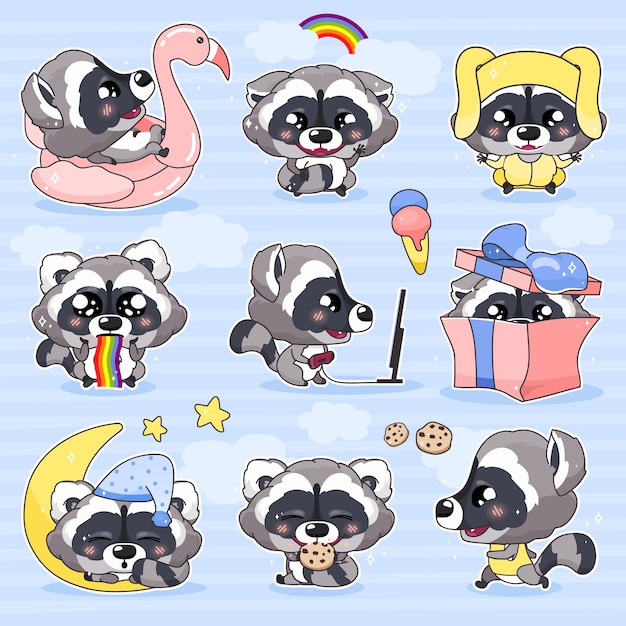 Leuke wasbeer kawaii stripfiguren instellen. schattige en grappige lachende dieren geïsoleerde stickers, patches pack. anime baby wasbeer slapen, koekjes eten, emoji's op blauwe achtergrond uitvoeren