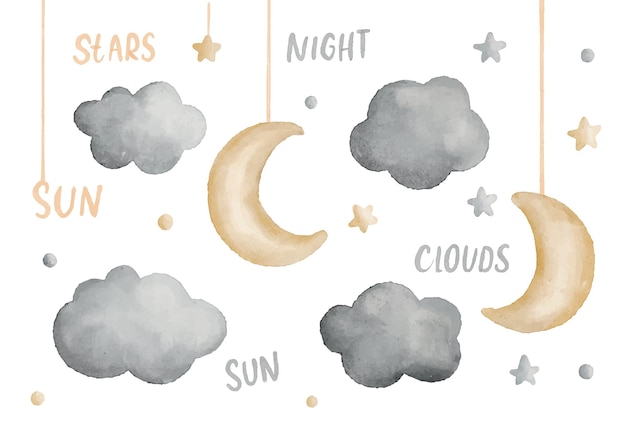 Leuke waterverfillustratie voor baby en kind met de wolken van maansterren