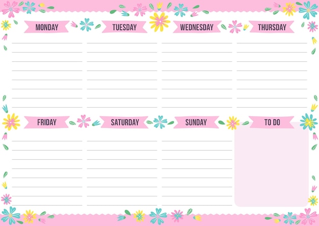 Leuke weekplanner met getekende bloem sjabloon met plaats voor notities vector