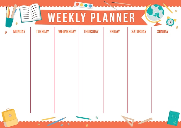 Leuke weekplanner met handgetekende schoolelementen sjabloon voor notities vectorillustratie