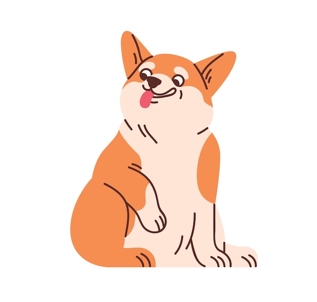 Leuke Welsh corgi-zitting. Grappige vermakelijke hond met uit tong. Schattig mooi blij hondje met positieve komische emoties. Lieve charmante puppy. Platte vectorillustratie geïsoleerd op een witte achtergrond.