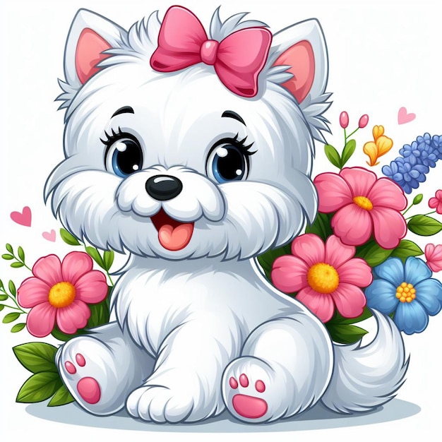 Leuke Westie Dog en Bloemen Vector cartoon illustratie