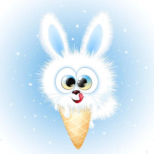 Leuke winter glimlachend en lippen likend klein konijn in een ijshoorn onder winter sneeuwval