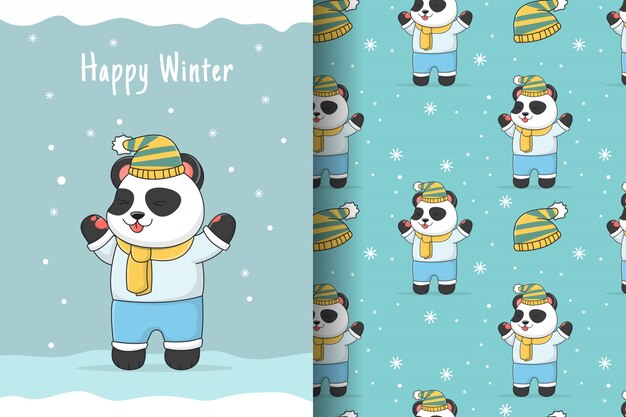 Leuke winter panda naadloze patroon en kaart