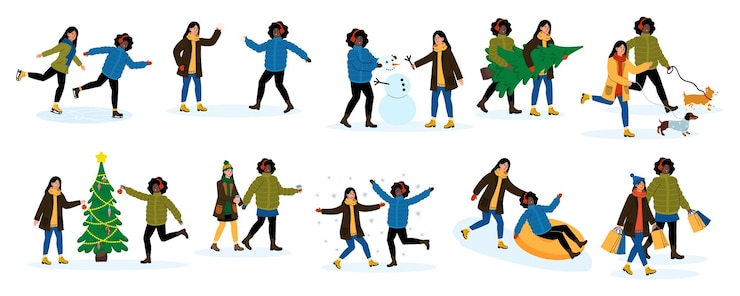 Vector leuke winteractiviteiten met vrienden die herinneringen creëren in een besneeuwd landschap