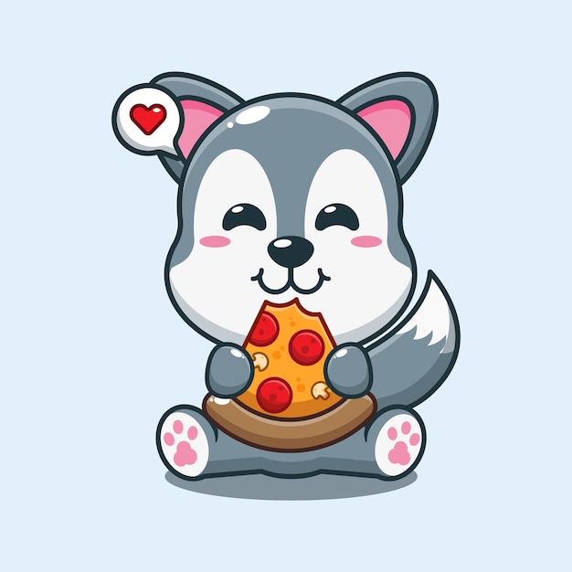 Leuke wolf die pizza eet cartoon vector illustratie