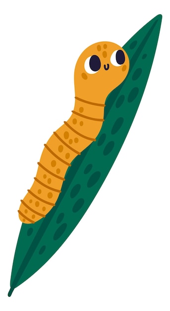 Vector leuke worm die op groen blad kruipt grappig aardkarakter