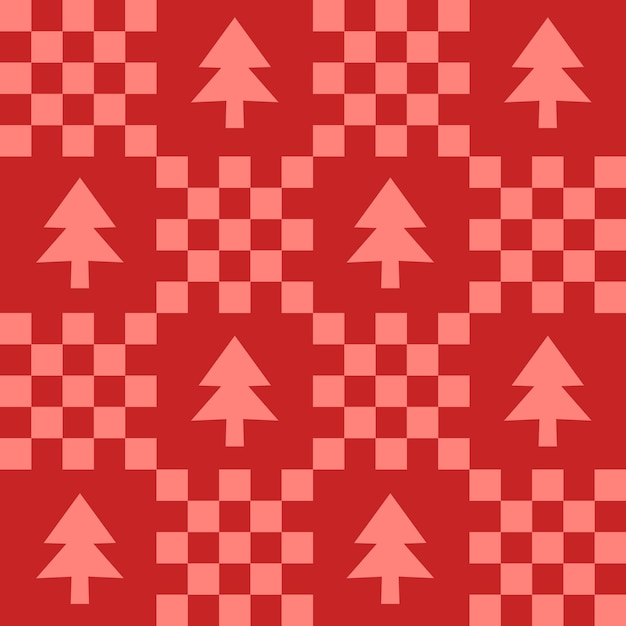 Leuke y2k patchwork kerst naadloze patroon achtergrond met kerstboom pictogram zwart-wit rode checkers