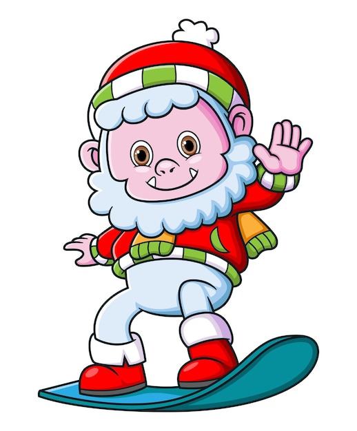 Leuke yeti die santakostuum draagt die snowboard speelt