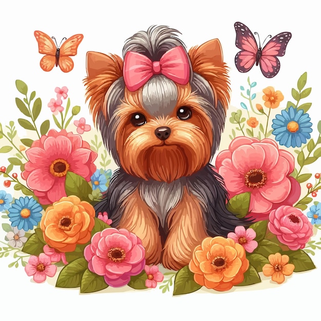 Leuke yorkie hond en bloemen vector cartoon illustratie