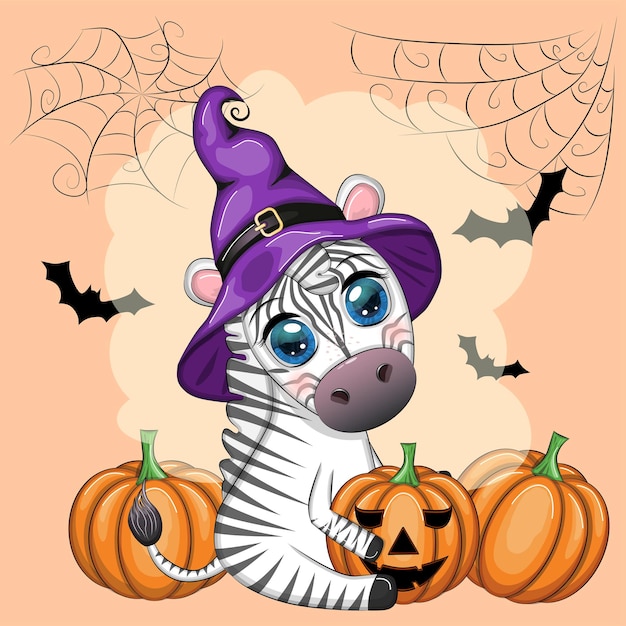 Leuke zebra in heksenhoed met bezempompoen jack toverdrank Posterkaartlabel en decoratie voor Halloween