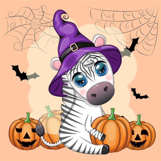 Leuke zebra in heksenhoed met bezempompoen jack toverdrank Posterkaartlabel en decoratie voor Halloween