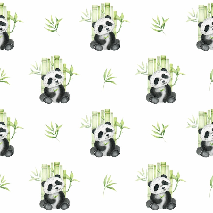 Vector leuke zittende panda met een bamboeblad bamboe bladeren aquarel naadloos patroon