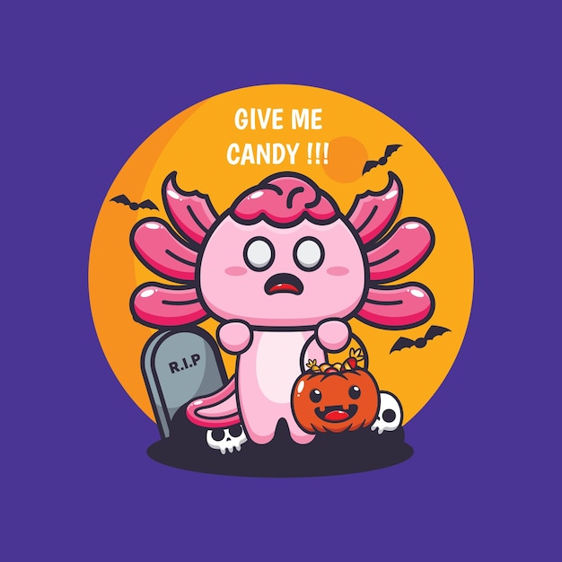 Leuke zombie axolotl wil snoep. Leuke halloween-beeldverhaalillustratie.