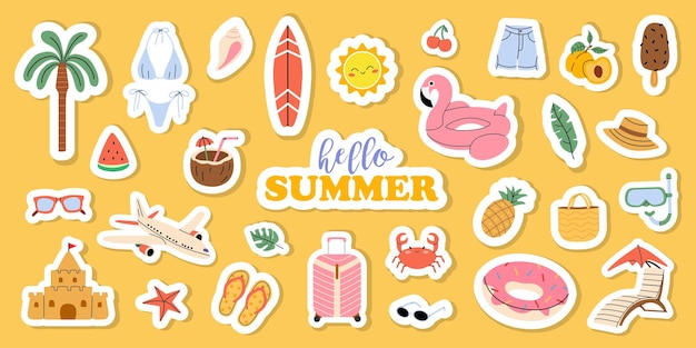 Leuke zomer sticker sets Cartoon iconen elementen voor zomervakantie vakantie in tropische badplaatsen
