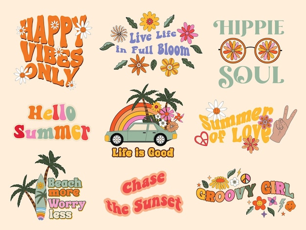 Vector leuke zomerafbeeldingen in retrostijl uit de jaren 70, perfect voor stickers, kaarten, t-shirts, ansichtkaarten