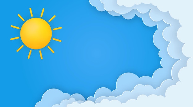 Leuke zomerbanner met zon en papierwolken op blauwe hemelachtergrond