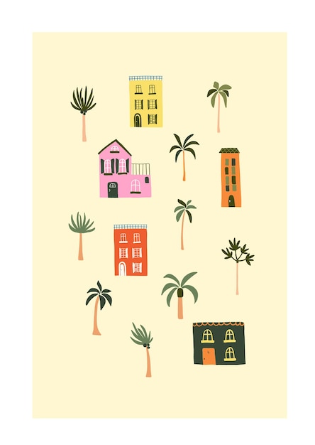 Leuke zomerhuizen op het strand met palmbomen. Gezellige hygge Scandinavische stijlsjabloon voor briefkaart, wenskaart, t-shirt design. Vectorillustratie in platte handgetekende cartoonstijl