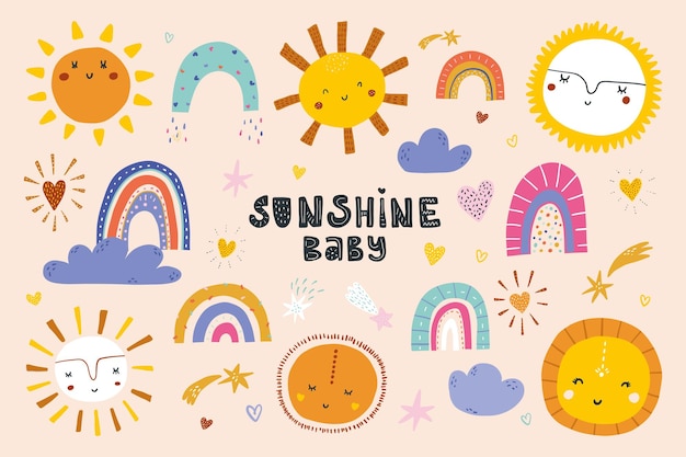 Leuke zon platte vector illustraties set Gele kinderachtig zonnige emoticons collectie Lachende zon met zonnestralen stripfiguur kleurrijke regenbogen en meer items