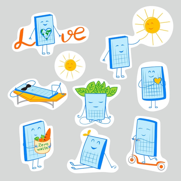 Vector leuke zonnepaneelsticker ecologie flat icons stickers set