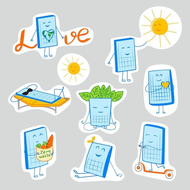 Leuke zonnepaneelsticker ecologie flat icons stickers set